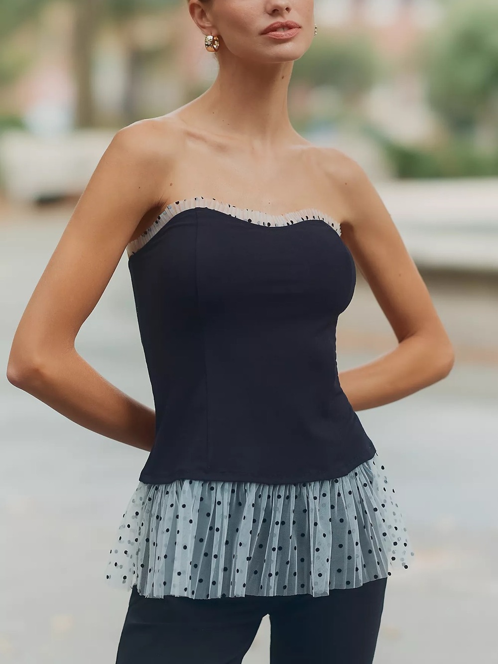 Anthropologie Maeve Strapless Pleated Peplum Top - Picture 2 of 4